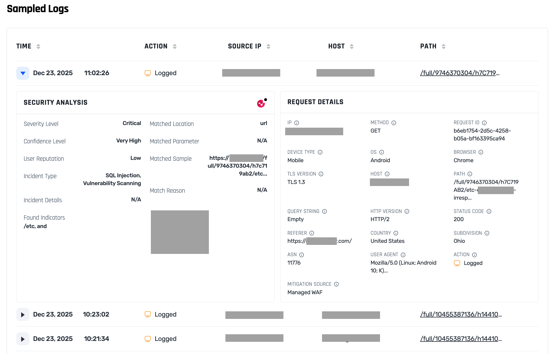 ML-based WAF Sampled Logs